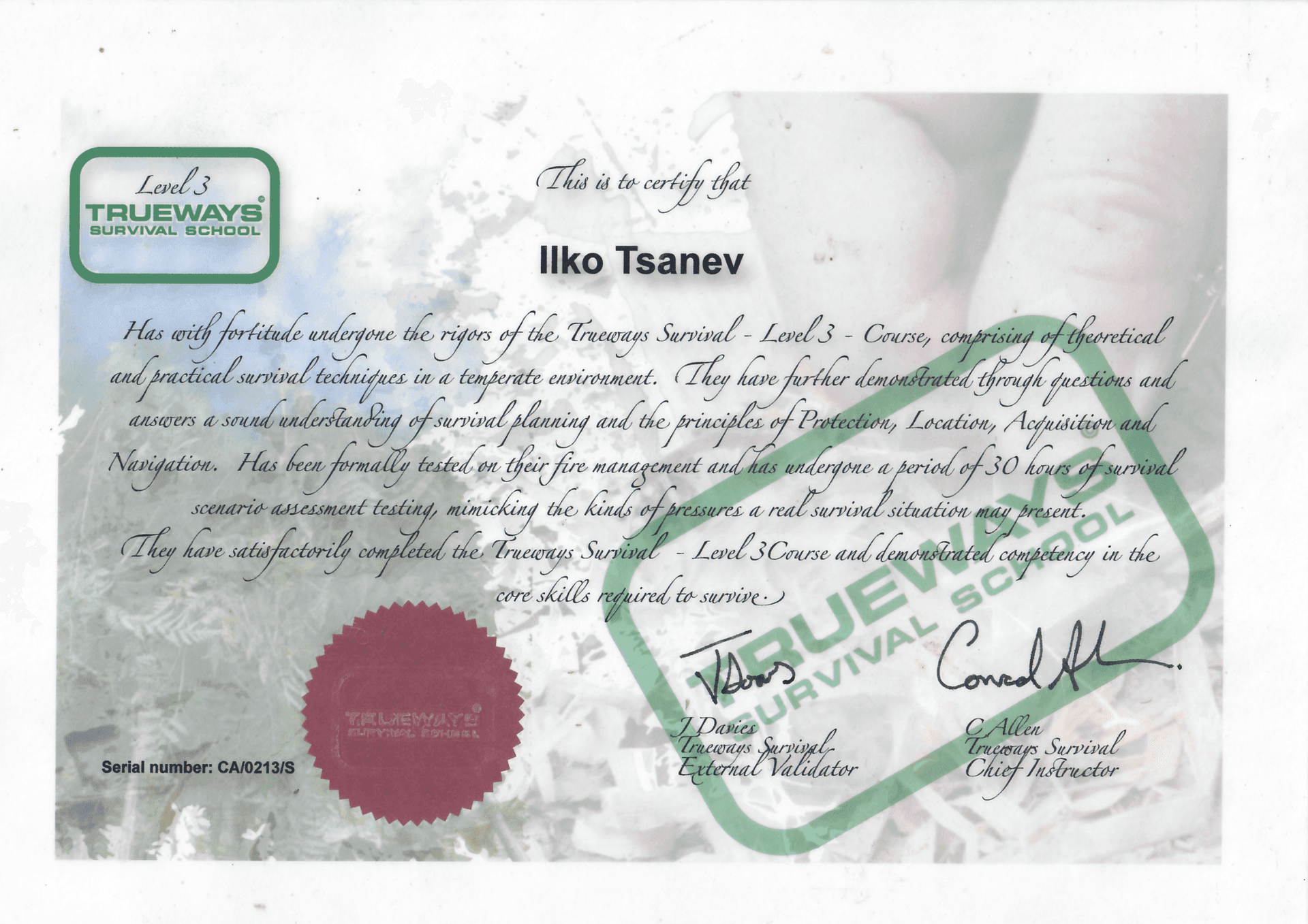 Сертификат - Курс по Оцеляване за Напреднали - Ниво 3